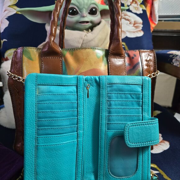 Patricia Nash Italian Leather Watercolor Butterfly Curry Tote & Fossil Wallet - Picture 11 of 16